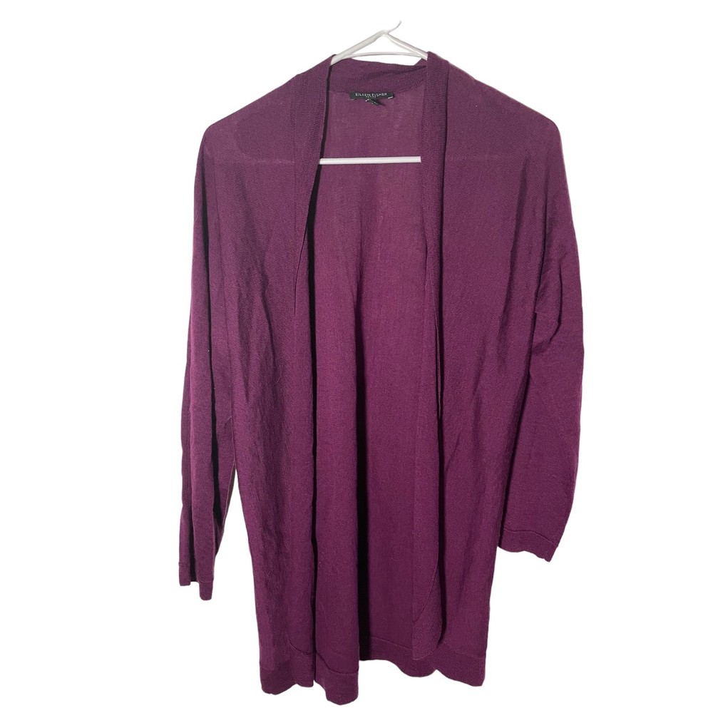 Eileen Fisher Sweater Women's Medium Petite Purple Long Cardigan 100% Wool